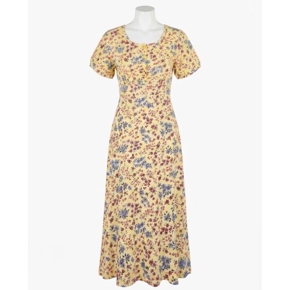 CHIC Vintage Floral Maxi Dress Yellow Blue Cotton Blend Empire Waist Medium